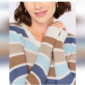 Striped Multicolor Women's Crewneck Ribbed Long Sleeve Sweater